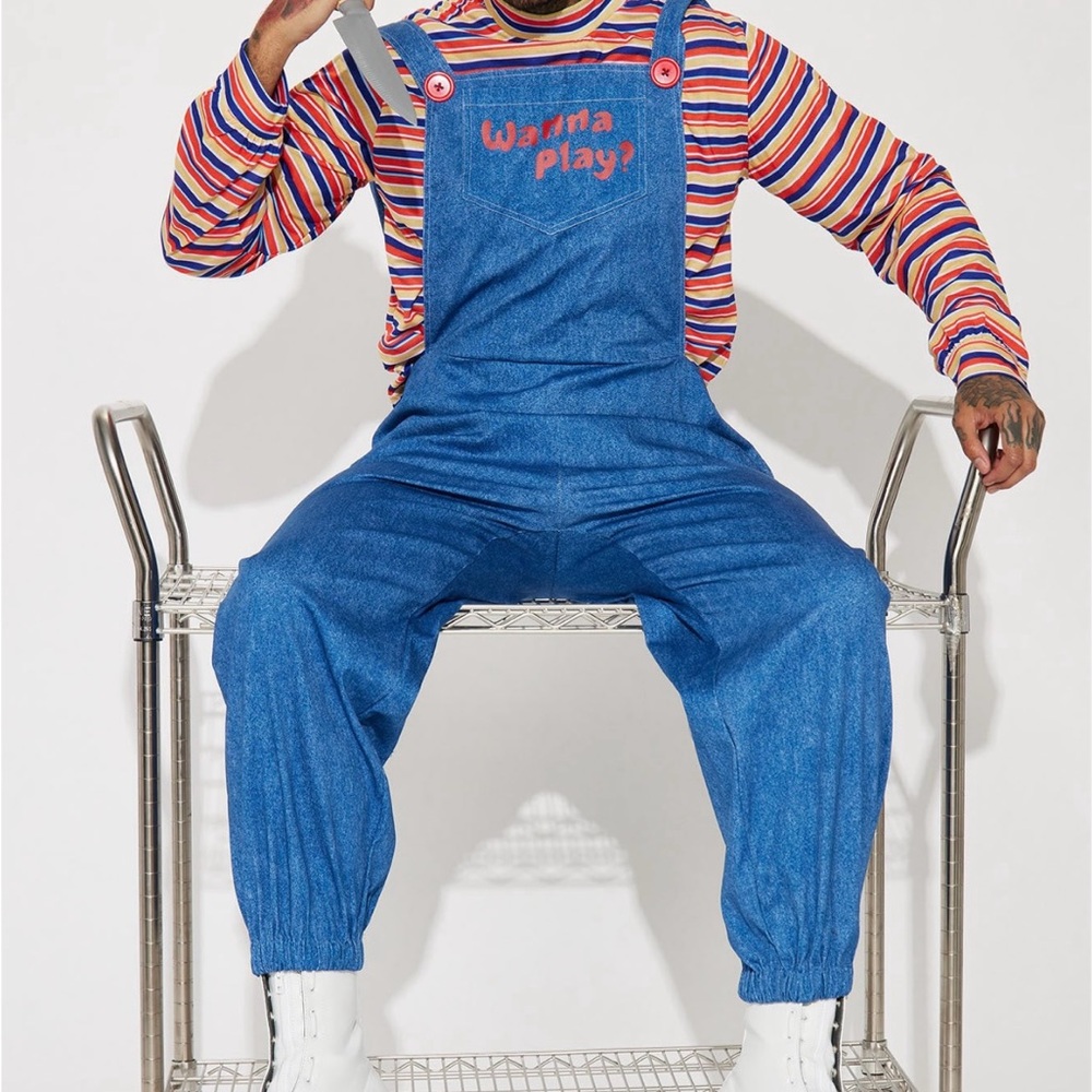 Chucky Costume-Blue Overalls with Striped Shirt